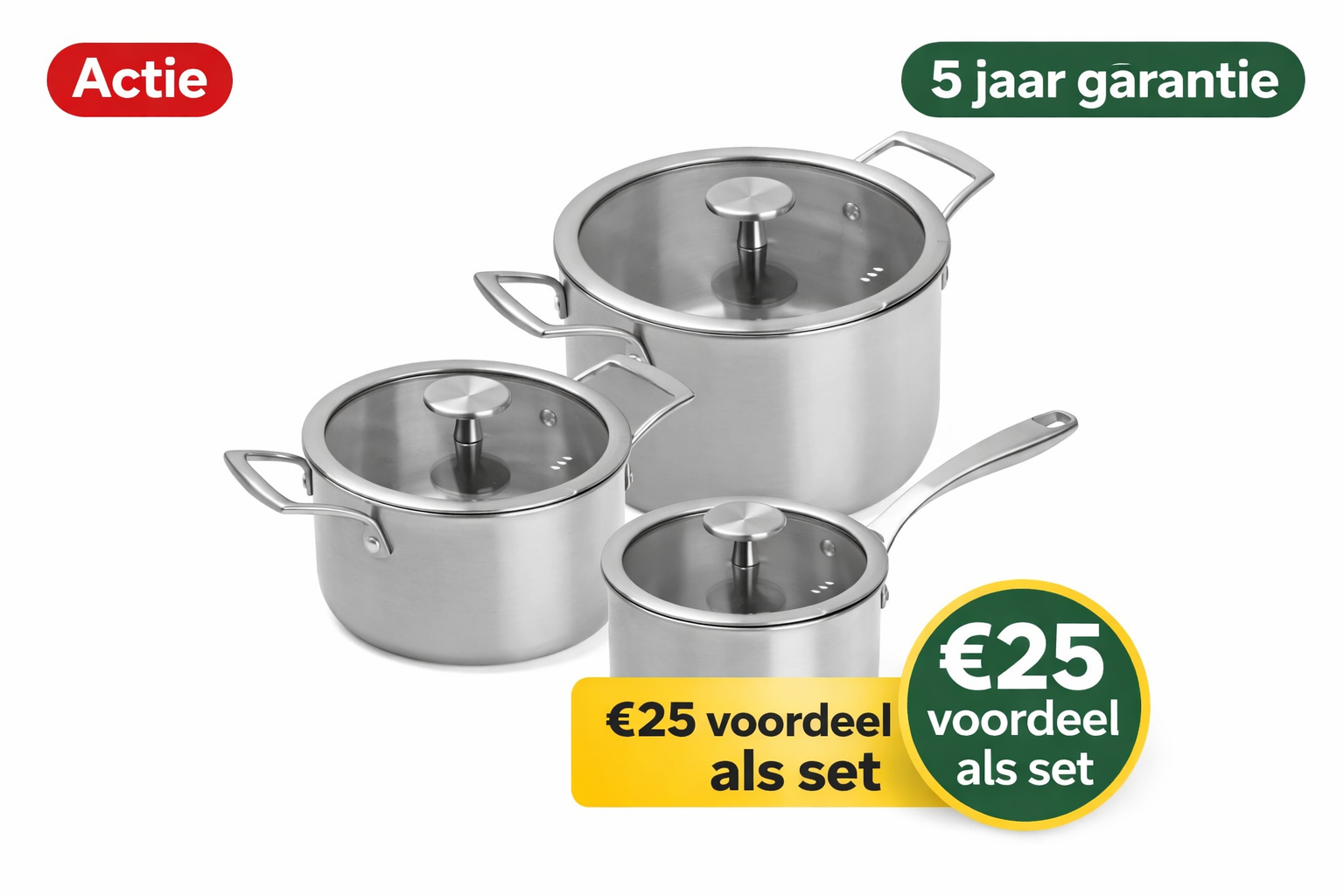 Remoska Proxima pannenset 6-delig – RVS – 1,5L / 2L / 3L – met glazen deksels – geschikt voor inductie