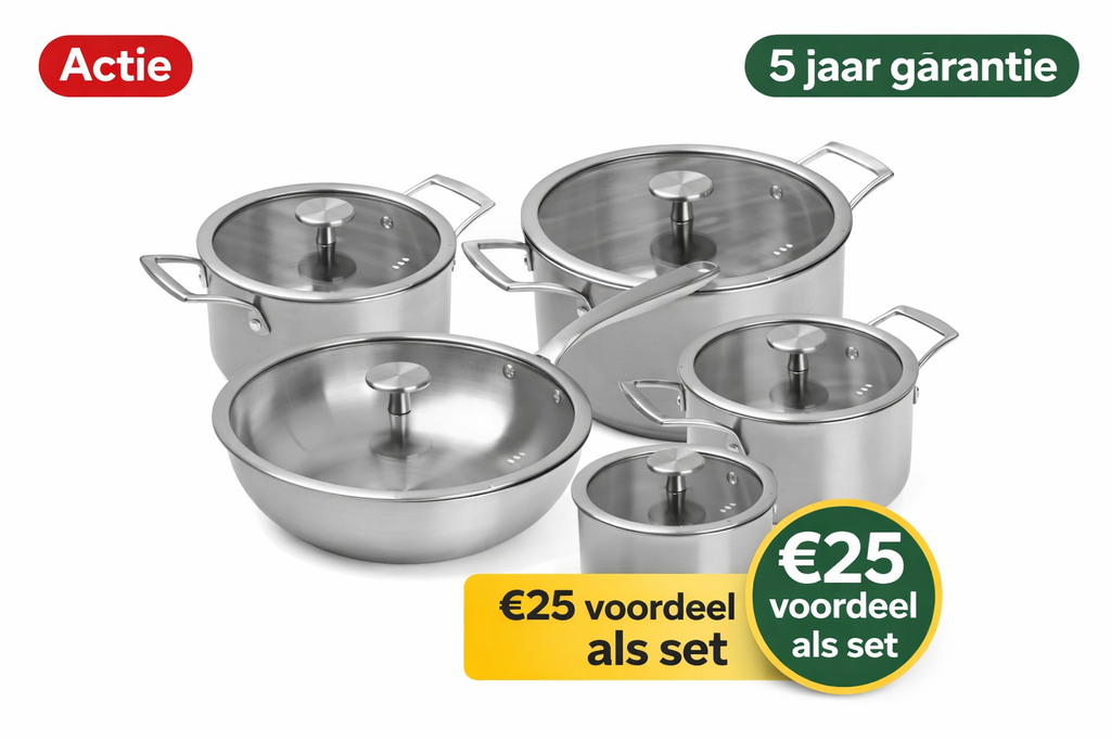 Remoska Proxima pannenset 10-delig – RVS – 1,5L / 2L / 3L / 5L – met glazen deksels – geschikt voor inductie