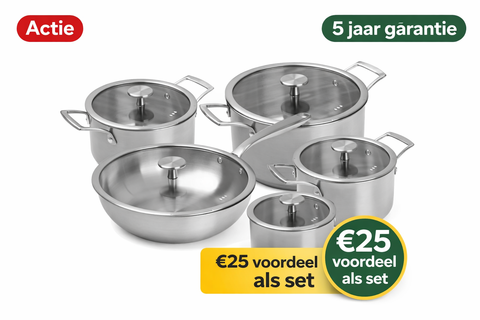 Remoska Proxima pannenset 10-delig – RVS – 1,5L / 2L / 3L / 5L – met glazen deksels – geschikt voor inductie