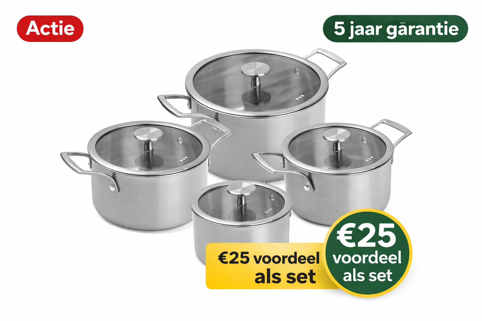 Remoska Proxima pannenset 8-delig – RVS – 1,5L / 2L / 3L / 24 cm – met glazen deksels – geschikt voor inductie